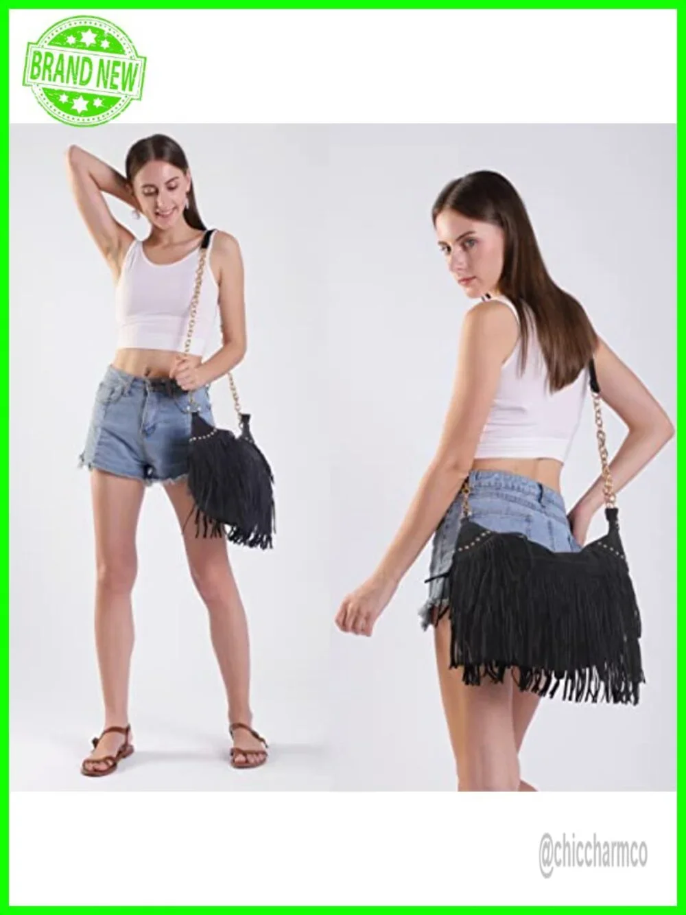 Faux Suede Leather Hobo Bag with Tassels & Chain Strap